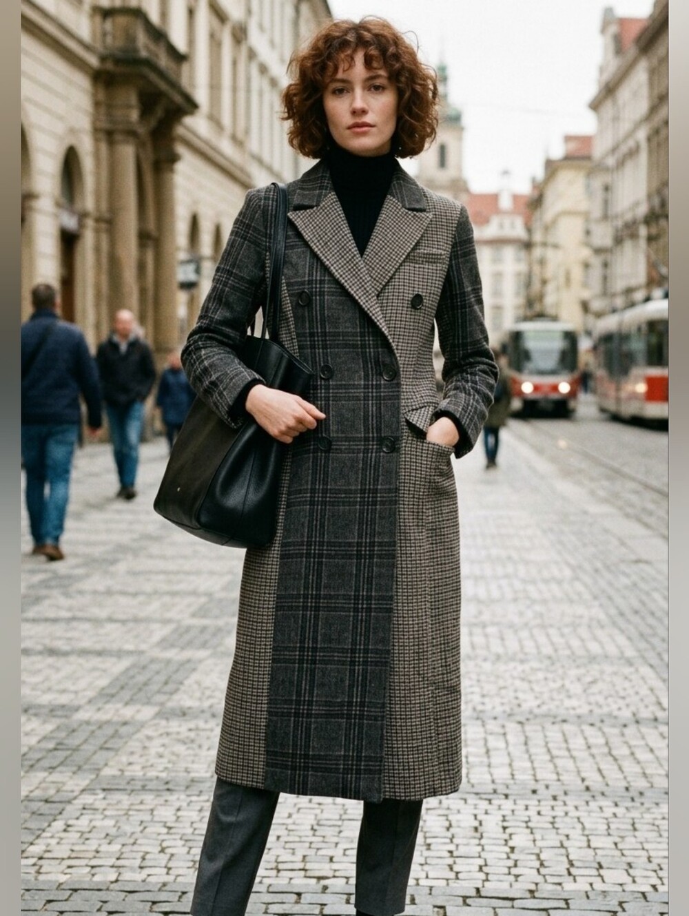 7 For All Man Kind Tailored Double-Breasted Plaid Trench Coat - Gray Size S